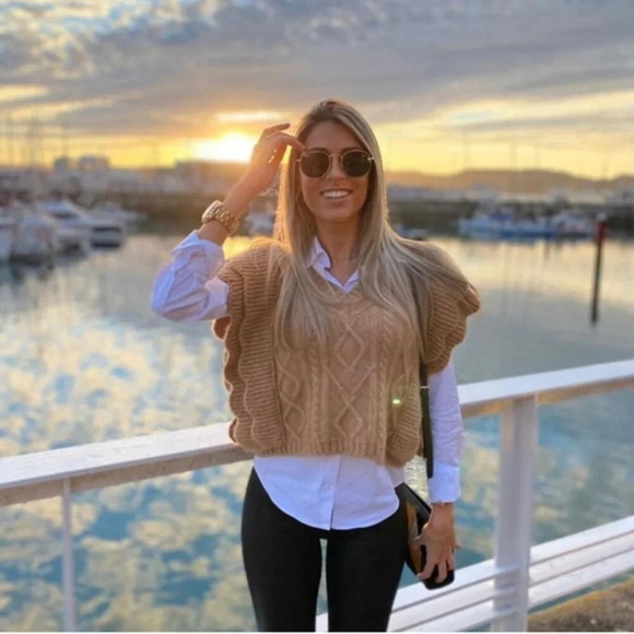 Zara  Cable Knit Ruffle Sweater Vest Alpaca Wool Blend Tan NWT Size Medium - Picture 4 of 10